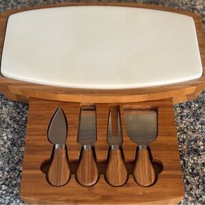 Bamboo Marble Cheese Board Set 4 Utensils Hide Away Drawer
